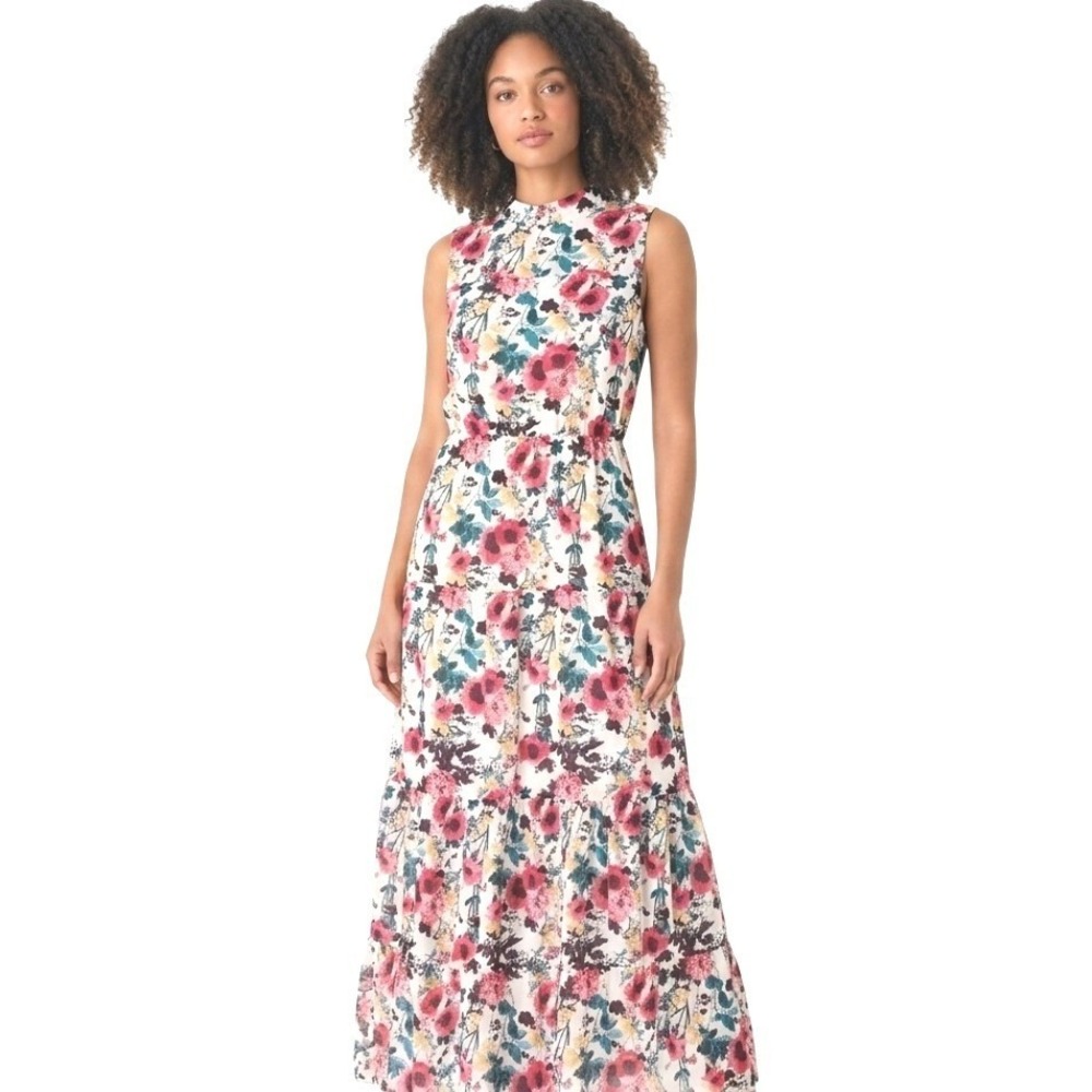 Lulus Floral Tiered Maxi Dress‎ Womens XL White Pink Mock Neck Sleeveless Boho